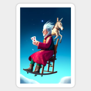 Old Woman Playing Cards on Her Way to Heaven Sticker